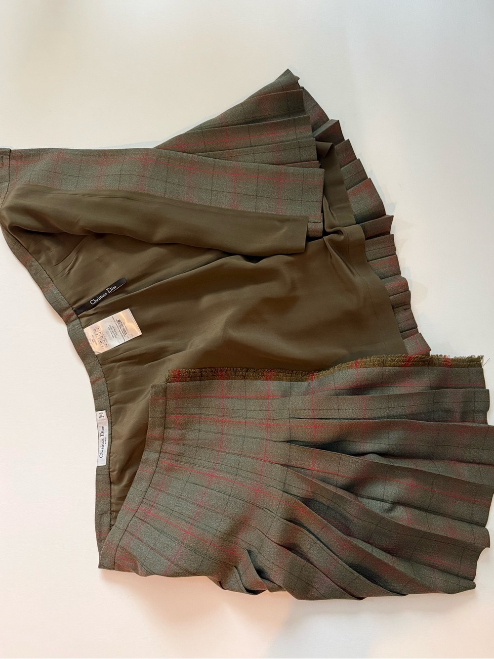Christian Dior Olive Green 100% Wool Plaid Pleated Mini Skirt Size 6 Made Italy - Picture 4 of 16
